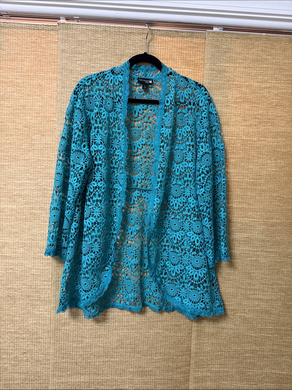 Antthony Teal Crochet Open-Front Cardigan